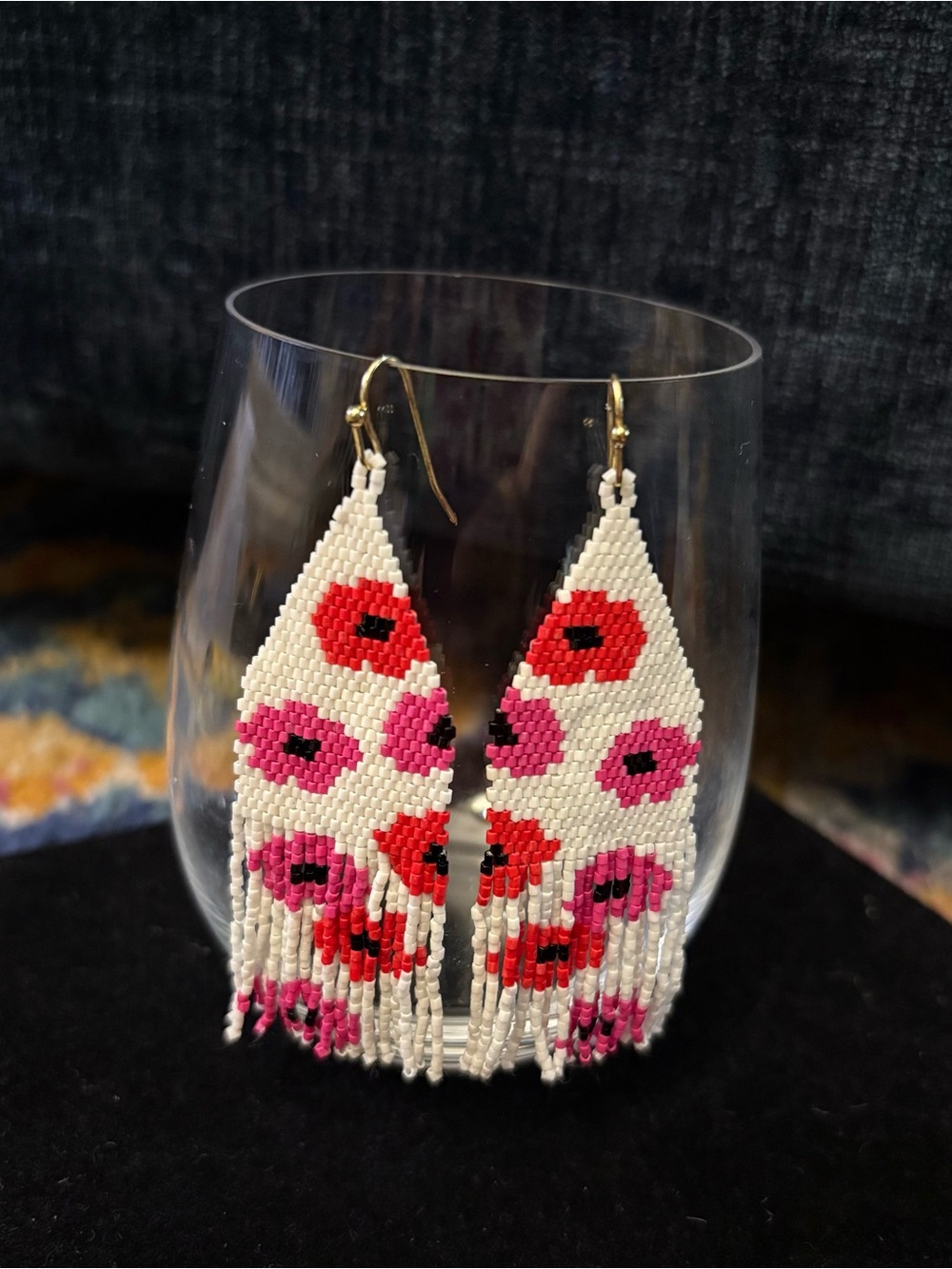 White Beaded Fringe Earrings with Pink & Red Floral Pattern